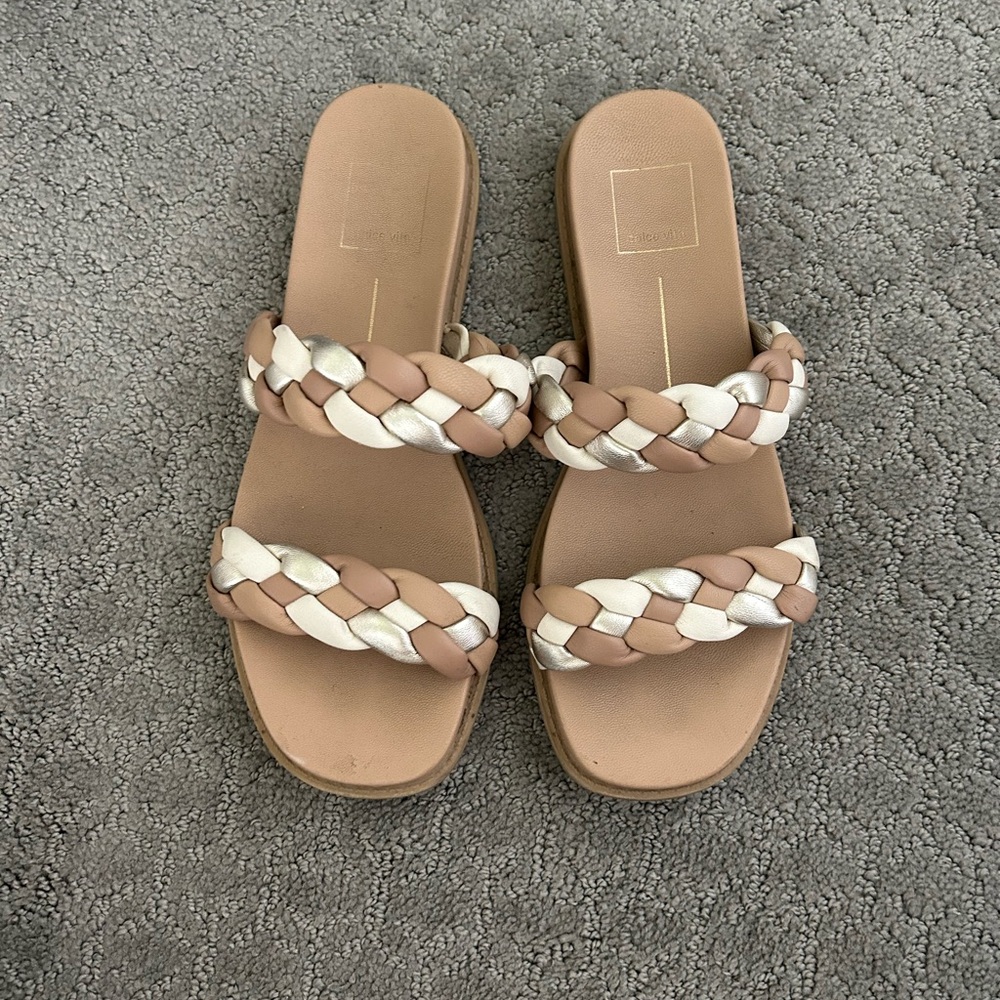 Dolce Vita Braided Sandals in Tan and Cream with Silver Accent - worn